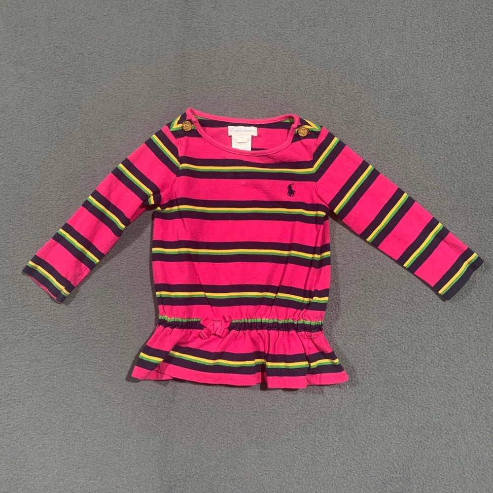 Ralph Lauren Baby Girls Pink Green Striped Peplum Bow Long Sleeve Shirt 9 Months